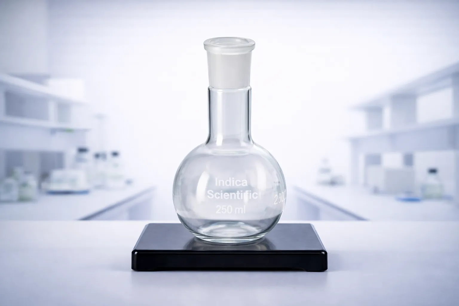 Flat bottom flask with medium length neck for versatile use